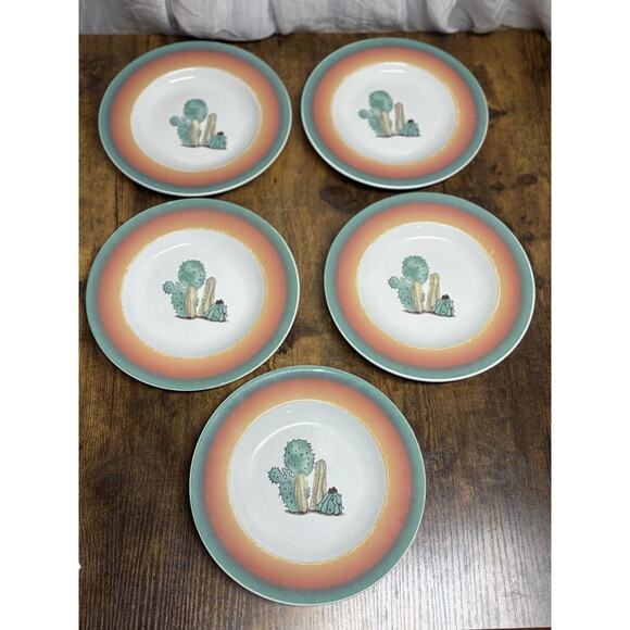 5 MEIWA Southwest CACTUS Green/Orange DESERT SCENE 8" SIDE SALAD PLATES Set Rare - Picture 1 of 7